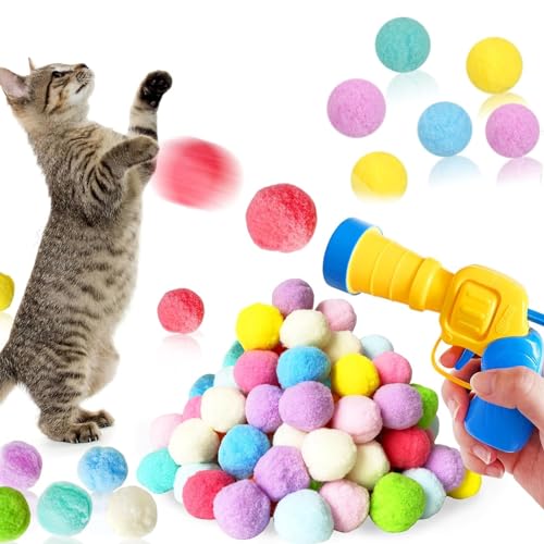 JNOUCS Katzenspielzeug, 100 Stück, mit 1 Katzenball-Spielzeugwerfer, Katzenspielzeug für Indoor-Katzen, DIY-Set, Katzen-Pompons, Bälle und Katzenballpistole, für Kätzchen, Training, Jagen und Spielen von JNOUCS