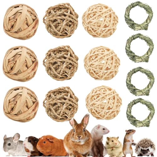 JNOUCS Rennmaus-Spielzeug, handgewebter Grasseilball und Rattan-Ball, Kauspielzeug, natürliches Spielzeug, geeignet für Kaninchen, Chinchilla, Hamster, Rennmäuse, Meerschweinchen, Papageien, Vögel, 13 von JNOUCS