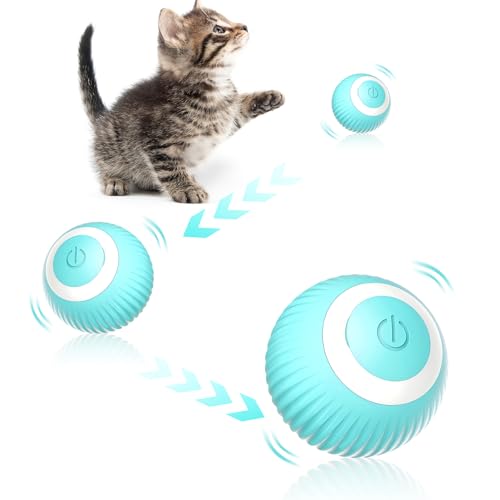 JOAAZAR Katzenspielzeug Elektrisch Katzenball mit LED Licht, Katzenball mit LED-Licht, 360 Grad Rollbal Interaktives Katzenspielzeug Ball, USB Wiederaufladbares Interaktives Ball(Blau) von JOAAZAR