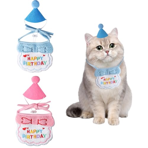 2 Set Hunde Geburtstag Hut & Katzen Geburtstag Schal Set, Hundehalstuch Katzen Hut, niedliches Katzen Kleidung Geburtstagsmütze Schal, Haustier Katze Hund Happy Birthday Bandana Schals Partyzubehör von JOCAHULFX