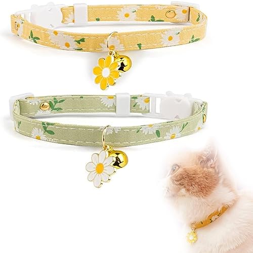 JOCXZI niedliches Katzenhalsband, Katzenhalsband aus Baumwolle, Katzenhalsband mit Sicherheitsverschluss und glöckchen,Anhänger mit gelben und grünen Blumen,ideal für Katzen von JOCXZI