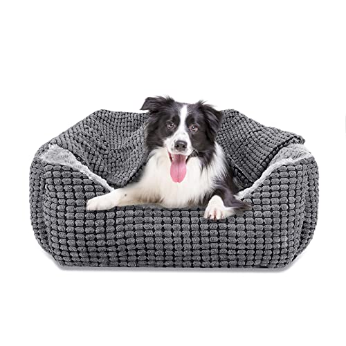 Hundebett Mittelgroße Hunde, Hundekorb mit Herausnehmbar Decke, Hundebetten Cord Flauschiges Waschbar, Rutschfest Hundekörbchen, Hundesofa mit Hohem Rand Passt bis zu 18kg Haustiere(76x61x23cm) von JOEJOY