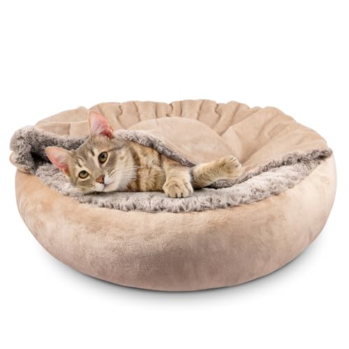 JOEJOY Kleines Hunde- und Katzenbett mit Kapuzendecke, gemütliches Kuschelbett, luxuriöses Welpenbett, Donut-Form, rund, beruhigend, Anti-Angst, Höhlenbett, rutschfeste Unterseite und von JOEJOY