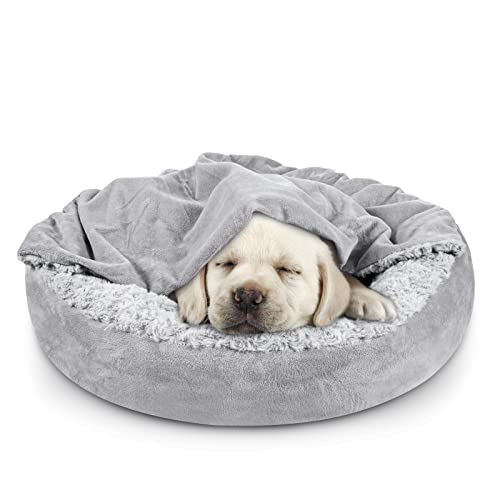 JOEJOY Kleines Hundebett,Katzenbett mit Kapuzendecke, Donut-Design, rund, Kunstfell, gemütlich, selbstwärmend, Schlafend, Katzenhöhle, rutschfest, orthopädisches Haustiersofa für drinnen und draußen von JOEJOY