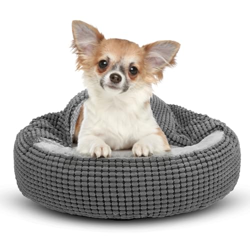 JOEJOY Hundebett, Hundebett Kleine Hunde, Hundebett Rund Hundesofa Flauschig Katzenbett Haustierbett mit Kapuze, Rutschfestes Hundebett Waschbar, 59x59x15cm, Passt bis zu 12kg Haustiere von JOEJOY