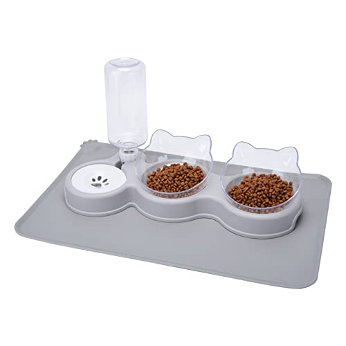 JOELELI Katzennapf 3er Set, Katzennapf mit Wasserspender Fressnapf Katze Erhöht Unterlage mit 15 Neigung Vorlage Wasserspender Matte für Hundenapf Kätzchen Automatischer Wasserflasche von JOELELI