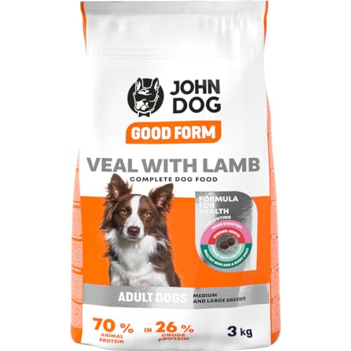 JOHN DOG Good Form Hundefutter für Erwachsene Hunde, Trockenfutter für Hunde, Hundetrockenfutter, Gultenfrei - Kalbfleisch mit Lamm - 3kg von JOHN DOG