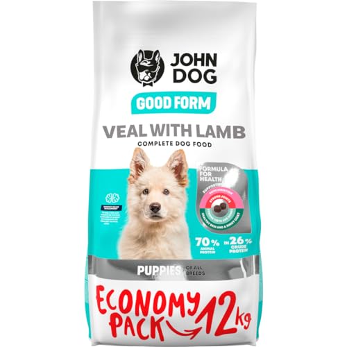 JOHN DOG Good Form Hundefutter für Welpen, Trockenfutter für Hunde, Hundetrockenfutter, Welpenfutter, Gultenfrei - Kalbfleisch mit Lamm - 12kg von JOHN DOG