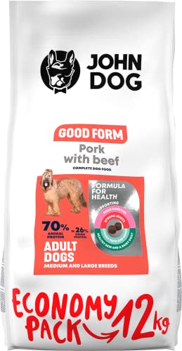 JOHN DOG Hundefutter für Erwachsene Hunde, Trockenfutter für Hunde, Hundetrockenfutter, Tierfutter, Haustierfutter, Gultenfrei - Schweinefleisch mit Rindfleisch - 12kg von JOHN DOG