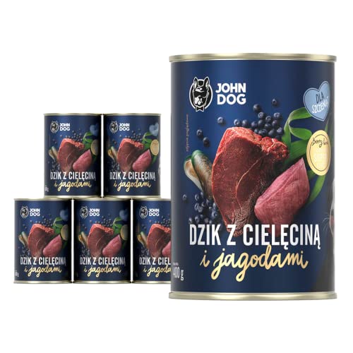 JOHN DOG Nassfutter Berry Line Junior Wildschwein mit Kalbfleisch und Blaubeeren 6x400g - Getreidefrei Hundefutter mit 96% Fleisch und Innereien mit Brühe - Für Welpen Aller Rassen von JOHN DOG