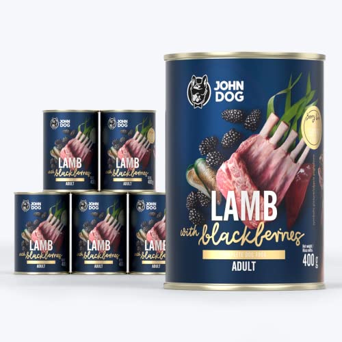 JOHN DOG Nassfutter Berry Line Lammfleisch mit Brombeeren 6x400g - Getreidefrei Hundefutter mit Superfoods und 96% Fleisch und Innereien mit Brühe - Für Erwachsene Hunde Aller Rassen von JOHN DOG