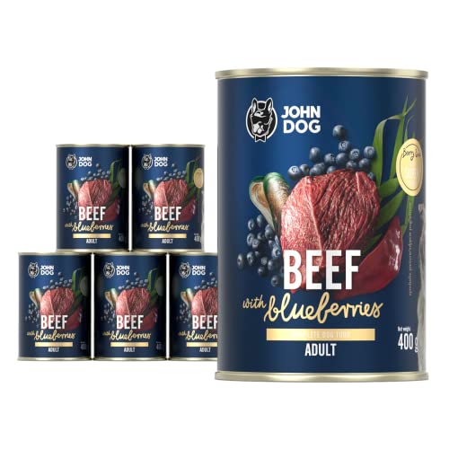 JOHN DOG Nassfutter Berry Line Rindfleisch mit Heidelbeeren 6x400g - Getreidefrei Hundefutter mit Superfoods und 96% Fleisch und Innereien mit Brühe - Für Erwachsene Hunde Aller Rassen von JOHN DOG