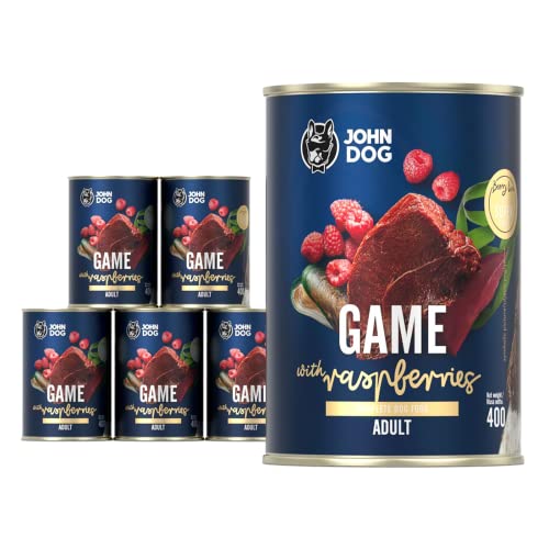 JOHN DOG Nassfutter Berry Line Wildfleisch mit Himbeeren 6x400g - Getreidefrei Hundefutter mit Superfoods und 96% Fleisch und Innereien mit Brühe - Für Erwachsene Hunde Aller Rassen von JOHN DOG