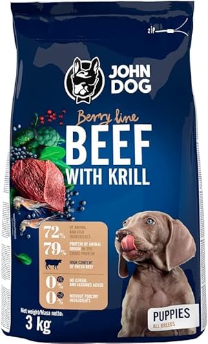 John Dog Trockenfutter für Hunde Berry Line Rindfleisch mit Krill - Für Welpen mittlerer und großer Rassen - Getreidefrei und hoher Fleischanteil 3kg von JOHN DOG