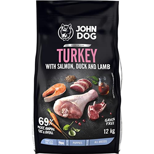 JOHN DOG Trockenfutter für Hunde Truthahn mit Lachs, Ente und Lammfleisch - Hundefutter für Welpen Aller Rassen - Getreidefrei und hohe Qualität 3 kg von JOHN DOG