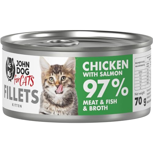 John Dog for Cats – komplette Filets für Kätzchenn – Huhn mit Lachs – hoher Fleischanteil – Gute Calcium- und Phosphorwerte – 70 g x 12 von JOHN DOG