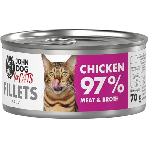 John Dog for Cats – komplette Filets für ausgewachsene Katzen – Huhn – hoher Fleischanteil – Gute Calcium- und Phosphorwerte – 70 g x 12 von JOHN DOG