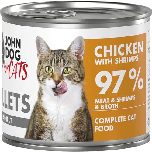 John Dog for Cats – komplette Filets für ausgewachsene Katzen – Huhn mit Garnelen – hoher Fleischanteil – Gute Calcium- und Phosphorwerte – 140 g x 6 von JOHN DOG