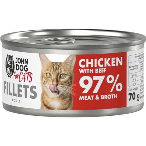 John Dog for Cats – komplette Filets für ausgewachsene Katzen – Huhn mit Rindfleisch – hoher Fleischanteil – Gute Calcium- und Phosphorwerte – 70 g x 12 von JOHN DOG