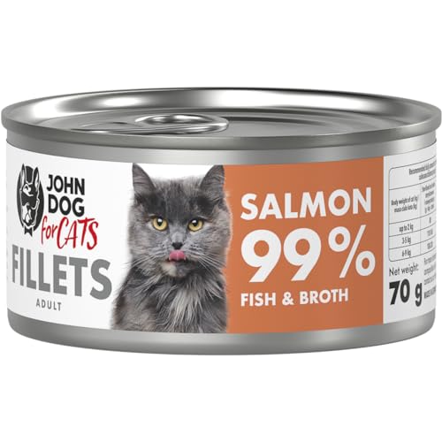 John Dog for Cats – komplette Filets für ausgewachsene Katzen – Lachs – hoher Fleischanteil – Gute Calcium- und Phosphorwerte – 70 g x 12 von JOHN DOG