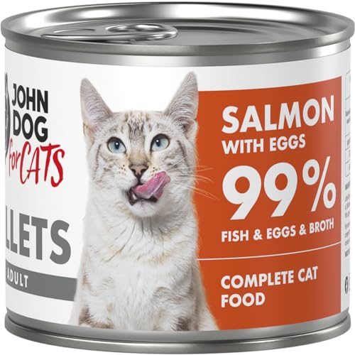 John Dog for Cats – komplette Filets für ausgewachsene Katzen – Lachs mit Eiern – hoher Fleischanteil – Gute Calcium- und Phosphorwerte – 140 g x 6 von JOHN DOG