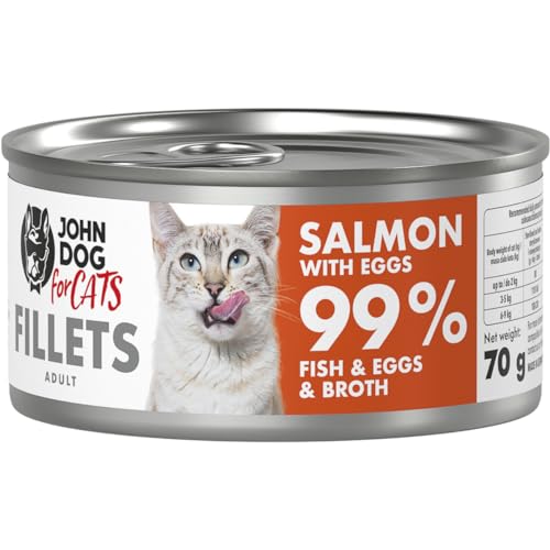 John Dog for Cats – komplette Filets für ausgewachsene Katzen – Lachs mit Eiern – hoher Fleischanteil – Gute Calcium- und Phosphorwerte – 70 g x 12 von JOHN DOG