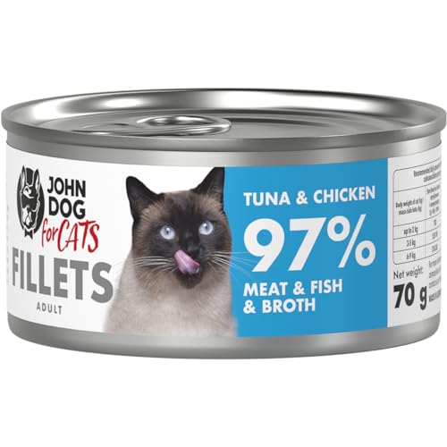 John Dog for Cats – komplette Filets für ausgewachsene Katzen – Thunfisch und Huhn – hoher Fleischanteil – Gute Calcium- und Phosphorwerte – 70 g x 12 von JOHN DOG