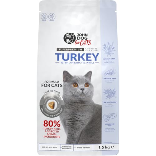 John Dog for Cats - komplettes Trockenfutter für Katzen – Erwachsene Katzen Aller Rassen – hohe Schmackhaftigkeit – Truthahn mit Krill 1,5 kg von JOHN DOG