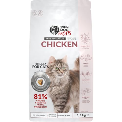 John Dog for Cats - komplettes Trockenfutter für Katzen – geringer Gehalt an Kohlenhydraten und Phosphor – Erwachsene Katzen Aller Rassen – hohe Schmackhaftigkeit – Huhn 1,5 kg von JOHN DOG