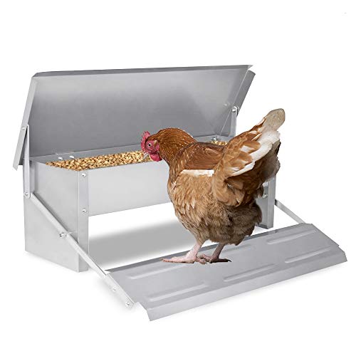 JOIEYOU Futterautomat Hühner, 5KG Hühnerfutter aus Verzinkter Stahl, Futtertrog Spender mit Deckel Wasserfest für Geflügel von JOIEYOU