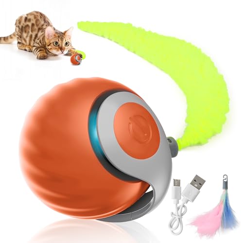 Interaktives Katzenspielzeug, Interaktiver Spielball mit Schwanz für Katzen, Rollende Bälle für Hunde, Automatisches Katzenspielzeug, lindert Ängste 360° Rolling Smart Ball FüR Katzen (orange) von JOLIGAEA