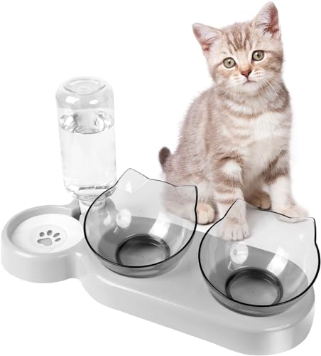3 in 1 Fressnäpfe für Katzen, Katzennapf-Set mit Automatischer Wasserflasche, 15 ° Kippbare Katzennäpfe, Doppelnapf für Katzen, Katzennäpfe für Kleine und Mittelgroße Hunde und Katzen von JOLIGAEA