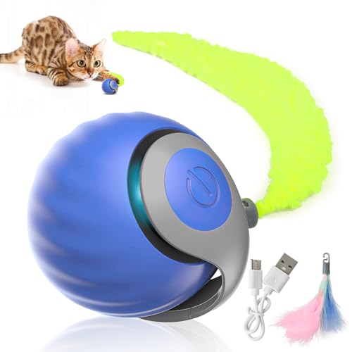 JOLIGAEA Interaktives Katzenspielzeug, Interaktiver Spielball mit Schwanz für Katzen, Rollende Bälle für Hunde, Automatisches Katzenspielzeug, lindert Ängste 360° Rolling Smart Ball FüR Katzen (blau) von JOLIGAEA