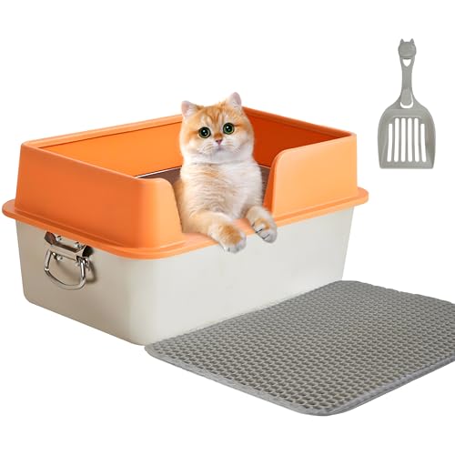 JOLLYJINKS Katzentoilette aus Edelstahl mit hohen Wandseiten, große Metall-Katzentoilette mit Zäunen, Kitty Katzentoilette für den Innenbereich (Orange) von JOLLYJINKS