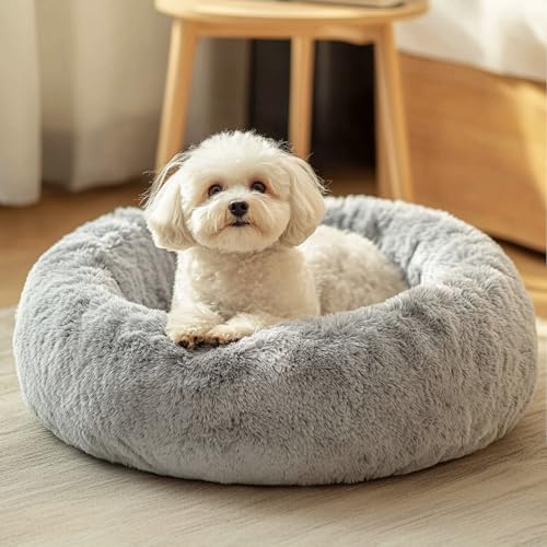 JOLLYVOGUE Beruhigendes Donut Hundebett & Katzenbett, flauschiges Kunstfell-Plüsch-Hunde-Kuschelbett, Anti-Angst-Hund, rundes Bett, waschbar, wärmend, gemütlich, weich, Hunde- und Katzenkissenbett für von JOLLYVOGUE