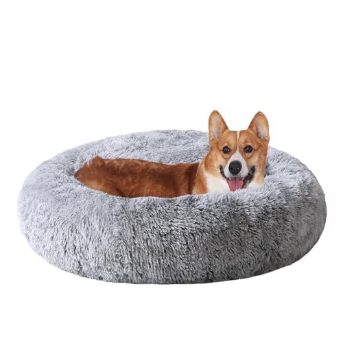 JOLLYVOGUE Beruhigendes Donut Hundebett & Katzenbett, flauschiges Kunstfell-Plüsch-Hunde-Kuschelbett, Anti-Angst-Hund, rundes Bett, waschbar, wärmend, gemütlich, weich, Hunde- und Katzenkissenbett für von JOLLYVOGUE