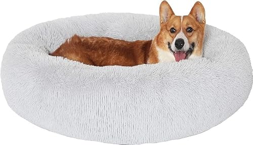 JOLLYVOGUE Beruhigendes Donut Hundebett & Katzenbett, flauschiges Kunstfell-Plüsch-Hunde-Kuschelbett, Anti-Angst-Hund, rundes Bett, waschbar, wärmend, gemütlich, weich, Hunde- und Katzenkissenbett für von JOLLYVOGUE