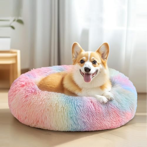 JOLLYVOGUE Beruhigendes Hunde- und Katzenbett, Donut-Motiv, waschbar, kleines Hundebett, 50,8 cm, rutschfest, rund, flauschig, Plüsch-Kunstfell, passend für Haustiere bis zu 6,8 kg (50,8 cm/61 cm/71,1 von JOLLYVOGUE