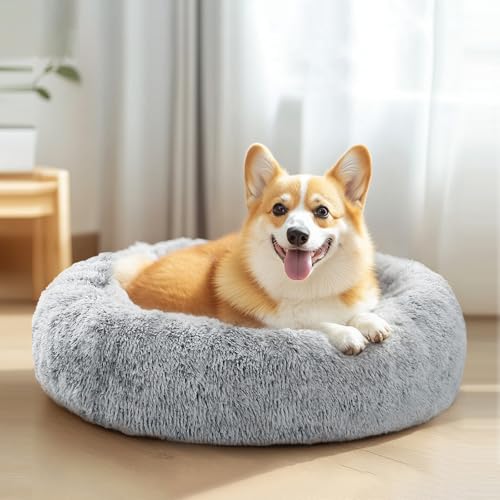 JOLLYVOGUE Luxuriöses beruhigendes Bett für kleine Hunde, Anti-Angst, maschinenwaschbar, wasserdichte Unterseite, Rauchgrau, 58,4 cm von JOLLYVOGUE