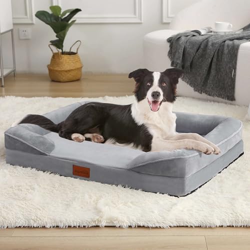 JOLLYVOGUE Wasserdichtes Hundebett für große Hunde, orthopädische Schlafcouch aus Eierschaum, waschbares Hundebett, Nackenrolle, Hundesofa mit rutschfester Unterseite, Grau von JOLLYVOGUE