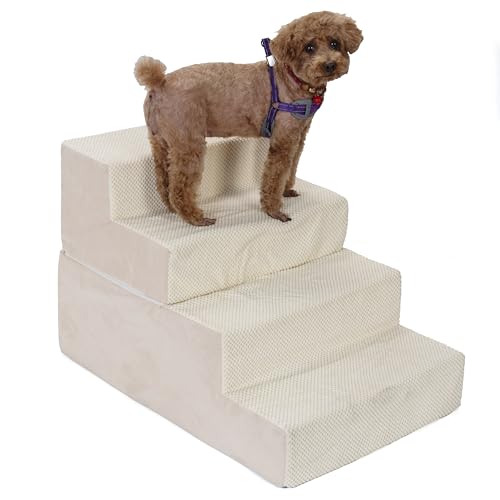 Hundetreppe für mittelgroße Hunde, 4 Ebenen, Haustiertreppe mit hochdichtem Schaumstoff und abnehmbarem Bezug für hohe Betten, Couch, 50,8 x 73,8 x 50,8 cm, Beige von JONGEE