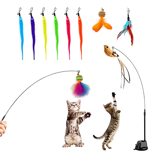 JOPHEK Interactive Cat Toy with Feathers, Katzenspielzeug Selbstbeschäftigung Katzenspielzeug Set with Color Caterpillar & Bird & Feather & Feather Bell Dangler (12P) von JOPHEK