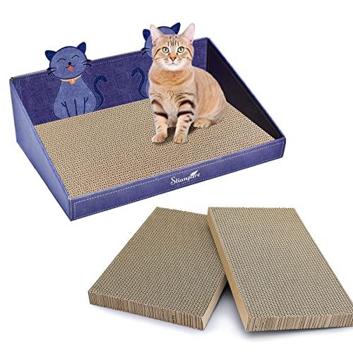 Katzenkratzmatte Wellpappe-Kratzbaum - Niedliche Katzenkratzerei, Kratzmatte für Katzen beidseitig verwendbar mit 3 Stück Ersatzteilen, Umkehrbare Wellpappe mit Denim-Druck als Kratzbox für Hauskatzen von JORCC