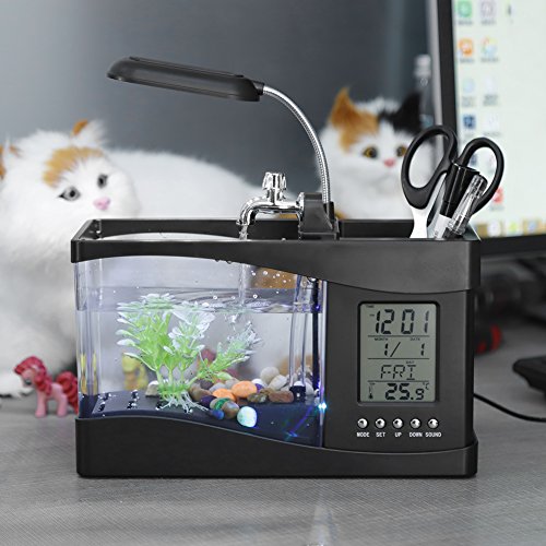 Mini-Aquarium, Multifunktionales USB-wiederaufladbares Mini-Aquarium mit Uhrfunktion, LED-Licht, Aquarium-Box, Kleines Betta-Aquarium, Reptilien-Futterbox für Büro, Zuhause(Schwarz) von JOROBURO
