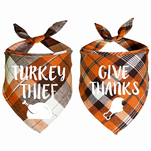 JOTFA 2 Stück Thanksgiving Day Dog Bandanas, Holiday Fall Plaid Dog Puppy Bandana Scarf Costume for Small Medium Dogs Pets (give Thanks and Truthahn Thief) von JOTFA