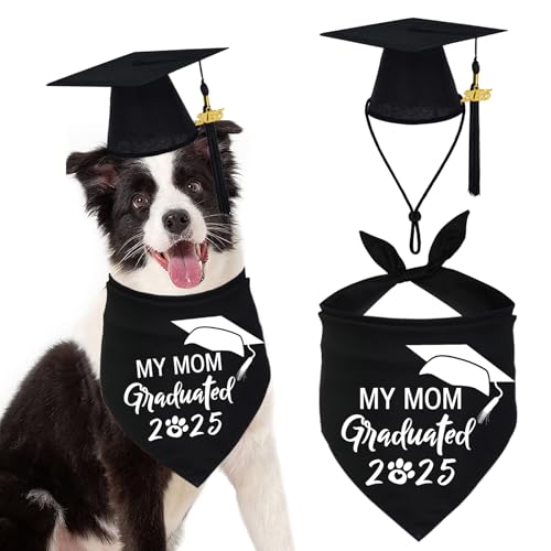 JOTFA Hunde-Abschluss-Bandana und Hundeabschlusskappe mit schwarzer Quaste 2025, für Abschlussfeier 2025 (Hundeabschlusskappe und My Mom Graduated Bandana) von JOTFA