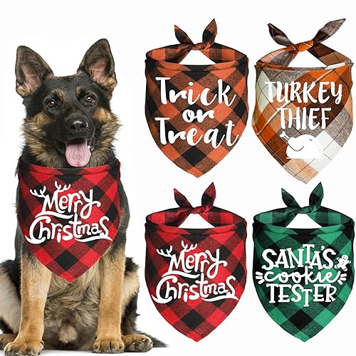 JOTFA 4 Stück Halloween Thanksgiving Day Weihnachten Hundehalstücher Urlaub Hund Welpen Bandanas Kostüme für große Hunde Haustiere (groß) von JOTFA