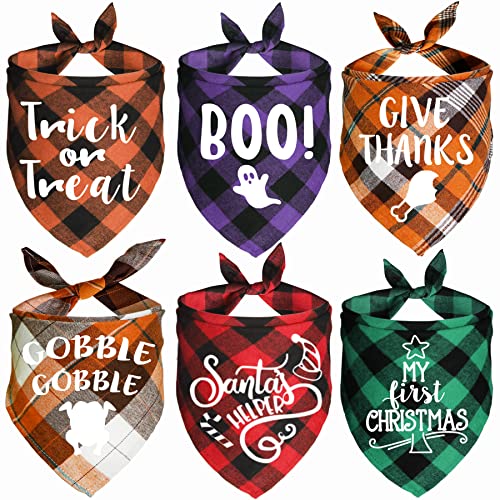 JOTFA 6 Stück Halloween Thanksgiving Day Weihnachten Hundehalstücher Urlaub Plaid Hund Welpe Bandana Schal Kostüm für kleine mittelgroße Hunde Haustiere von JOTFA