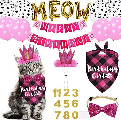 JOTFA Katzengeburtstagsparty-Zubehör, Katzengeburtstags-Outfits, Katzengeburtstags-Bandana mit Katzen-Geburtstagshut, Krone, Fliege, Geburtstags-Zahlen-Banner, Luftballons, Miau-Luftballons für Katze, von JOTFA