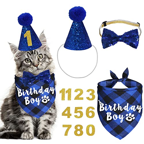 JOTFA Katze Geburtstag Party Supplies, Plaid Katze Kätzchen Geburtstag Junge Bandanas mit Katze Geburtstag Hut Katze Fliege Geburtstag Zahl für Katze Kätzchen Geburtstag Dekorationen von JOTFA